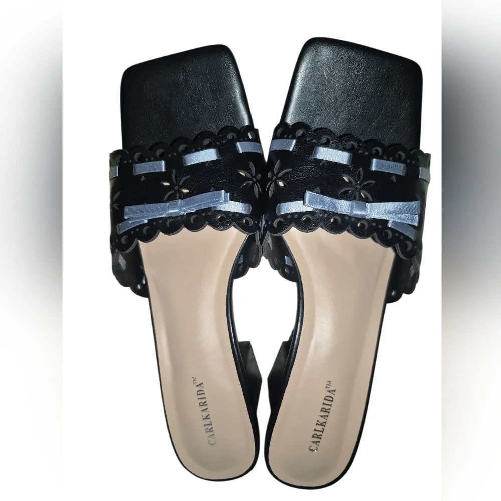 Black W/ Sky Blue Ribbon, Block Heeled Open Toed Mules - New Size 8 & 11 - Picture 7 of 8